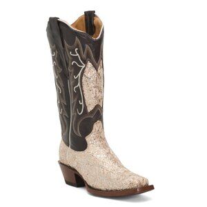 TANNER MARK Beige Shimmer Made In Mexico Leather Square Toe Western Boots